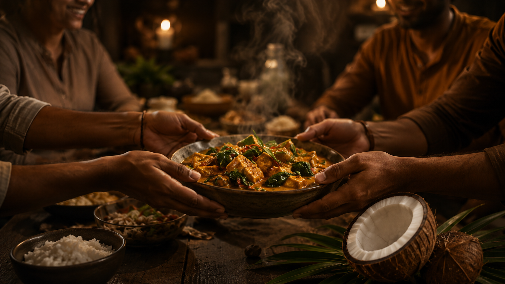 Hands passing a coconut dish